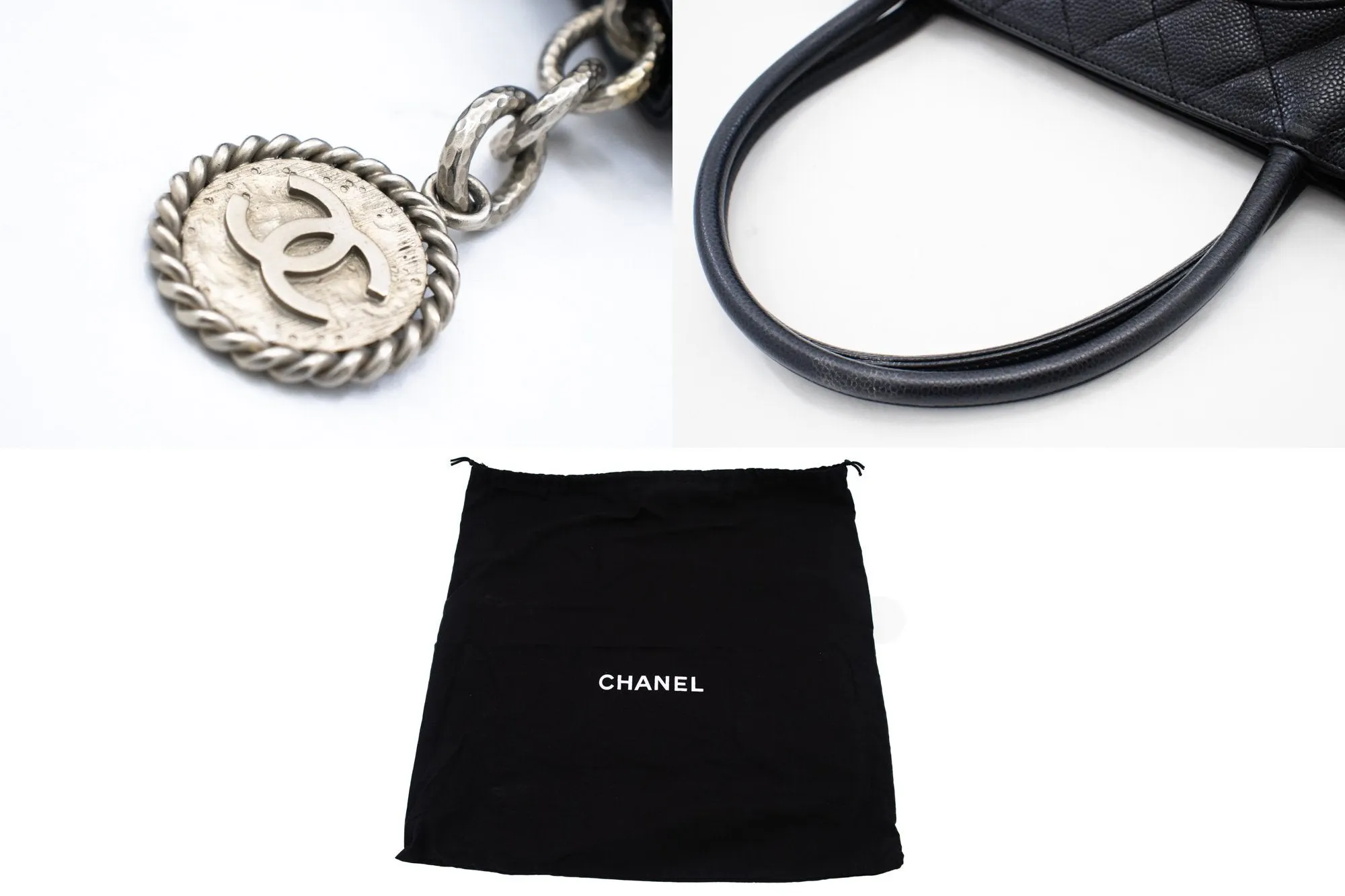 CHANEL Silver Medallion Caviar Shoulder Bag Shopping Tote Black n60