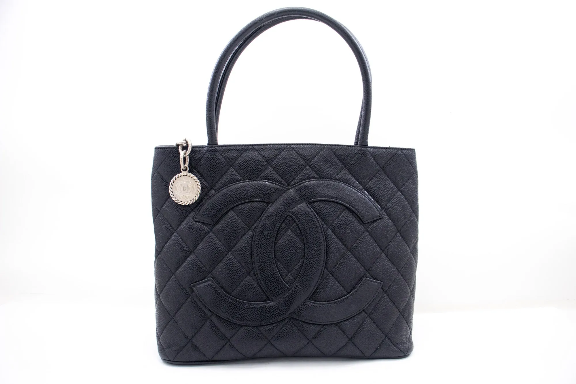 CHANEL Silver Medallion Caviar Shoulder Bag Shopping Tote Black n60