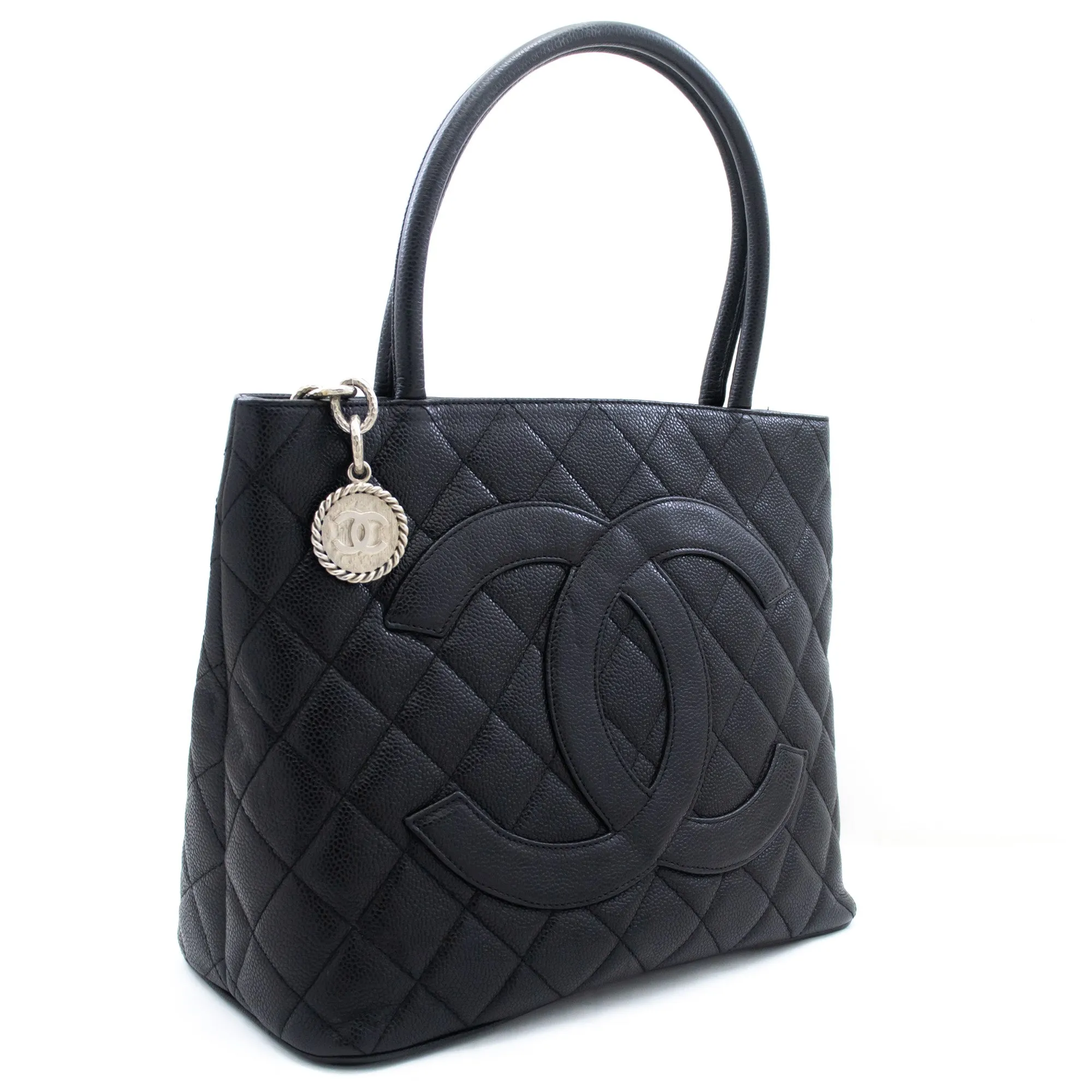 CHANEL Silver Medallion Caviar Shoulder Bag Shopping Tote Black n60