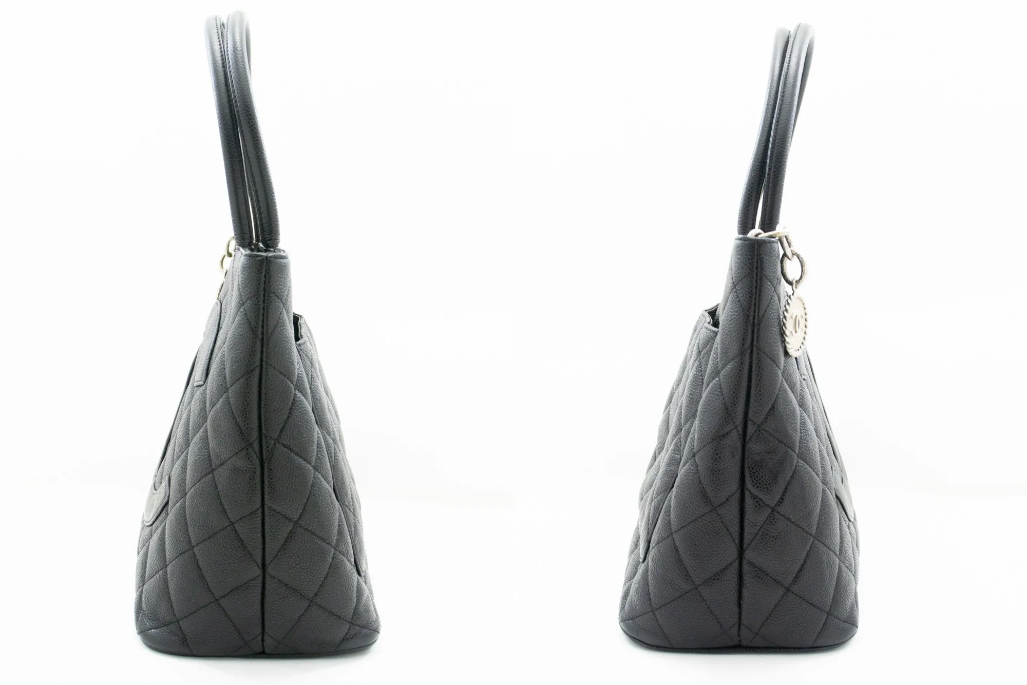 CHANEL Silver Medallion Caviar Shoulder Bag Shopping Tote Black n60