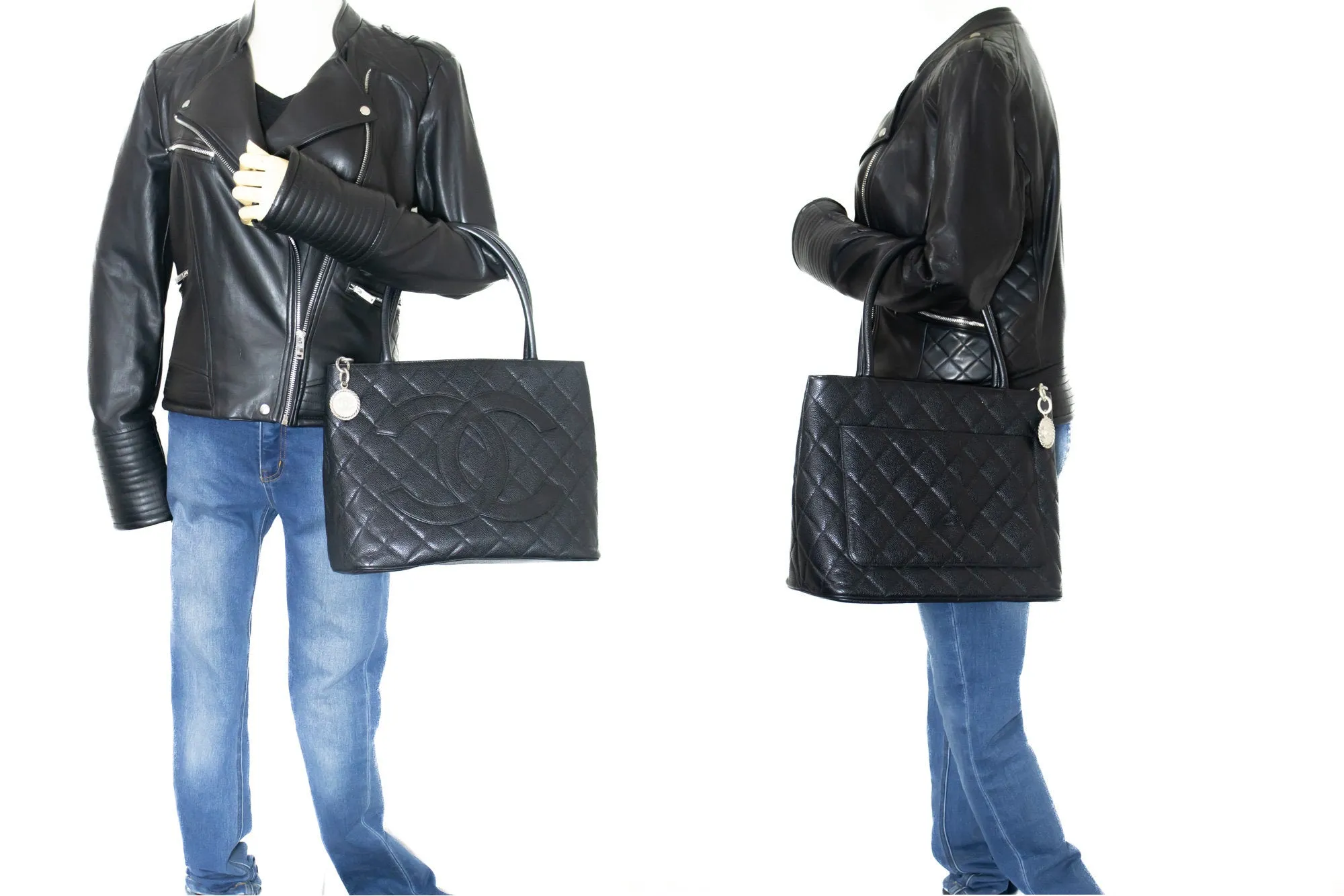 CHANEL Silver Medallion Caviar Shoulder Bag Shopping Tote Black n60