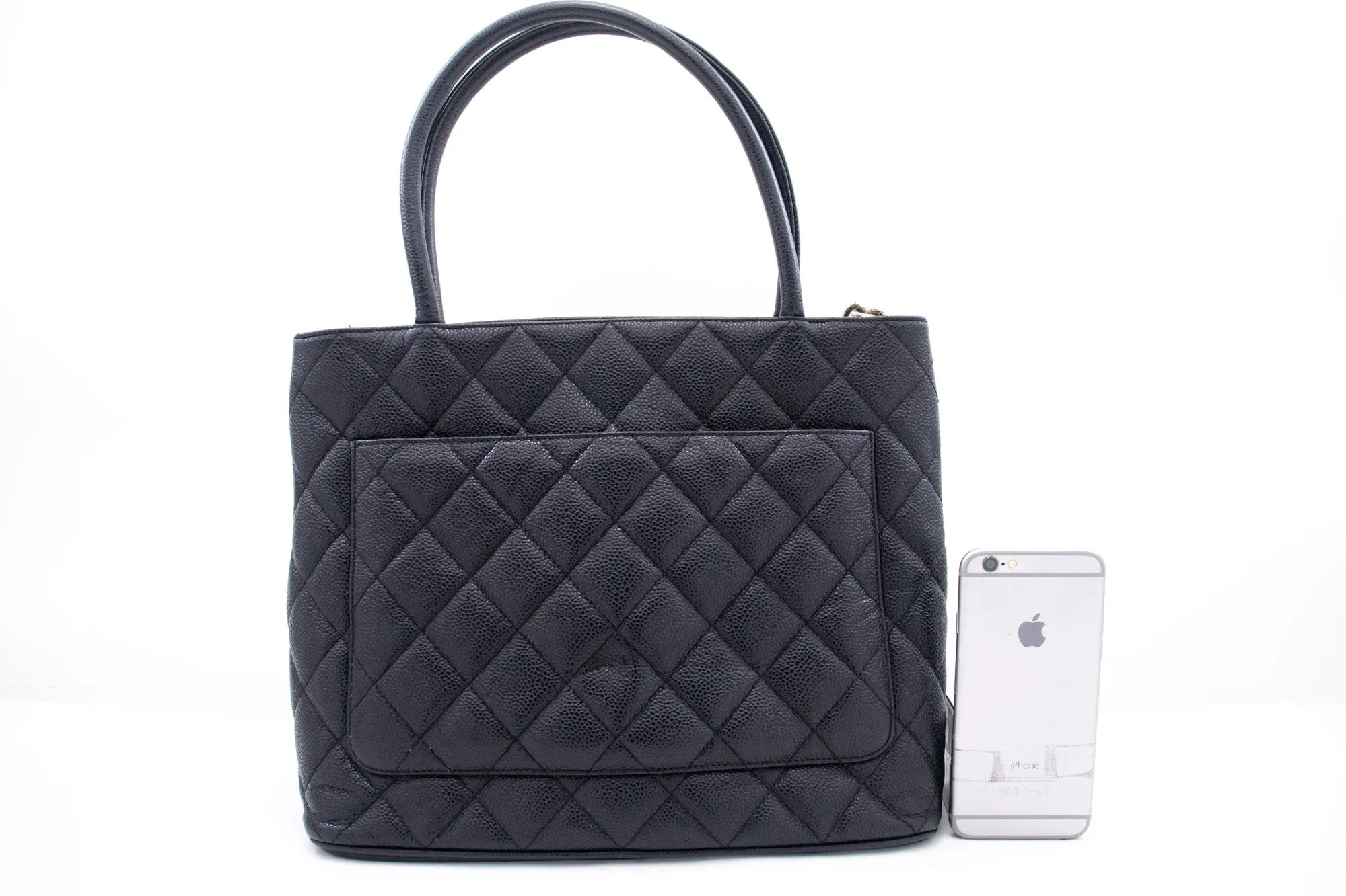 CHANEL Silver Medallion Caviar Shoulder Bag Shopping Tote Black n60