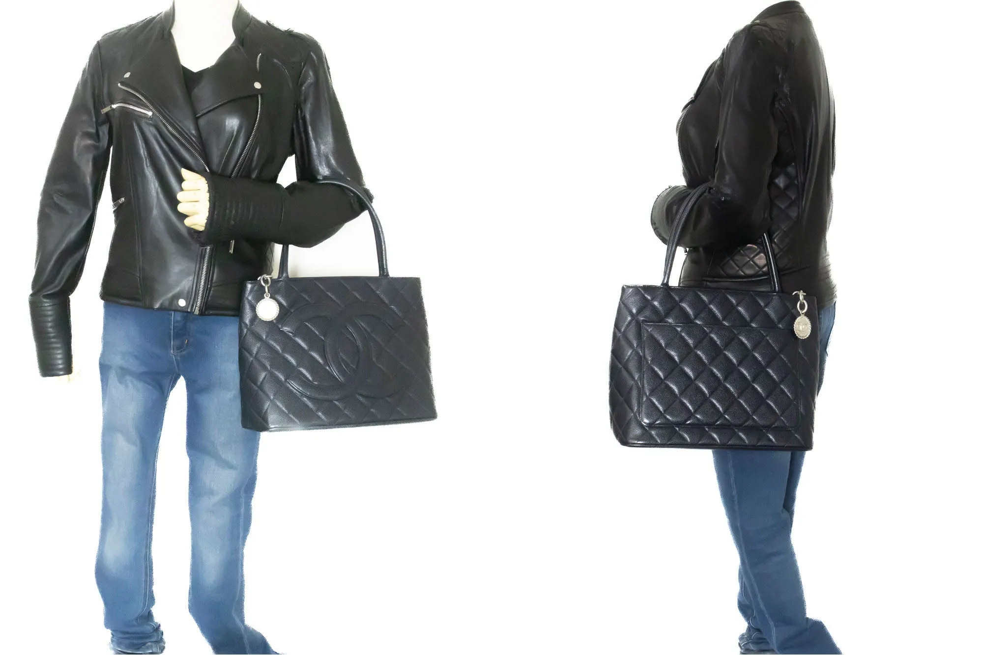 CHANEL Silver Medallion Grained Calfskin Leather Shoulder Bag n64