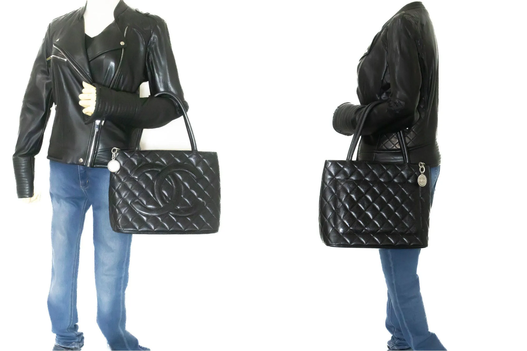 CHANEL Silver Medallion Grained Calfskin Leather Shoulder Bag n91