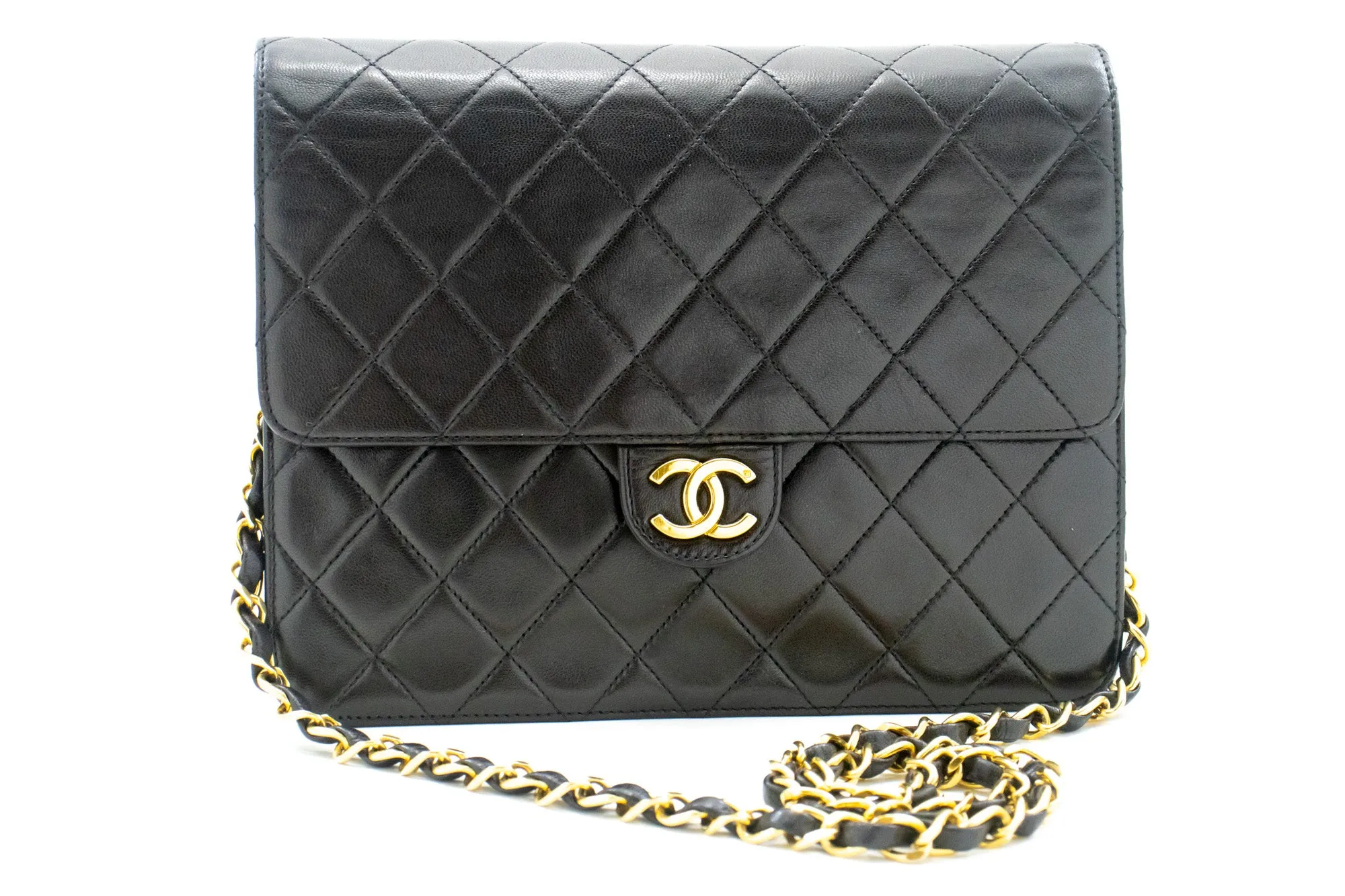 CHANEL Small Chain Shoulder Bag Clutch Black Quilted Flap Lambskin L81