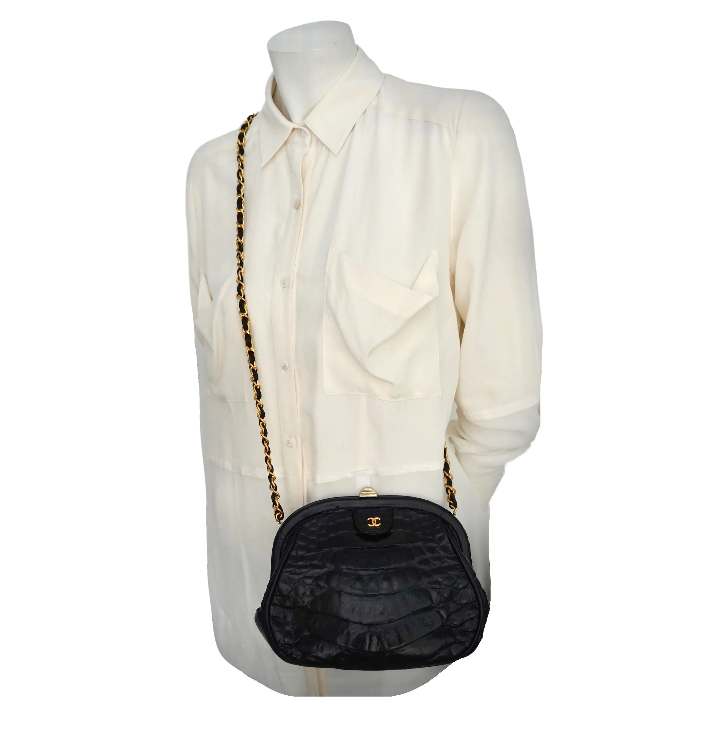 Chanel Vintage Black Crocodile Mini Convertible Clutch