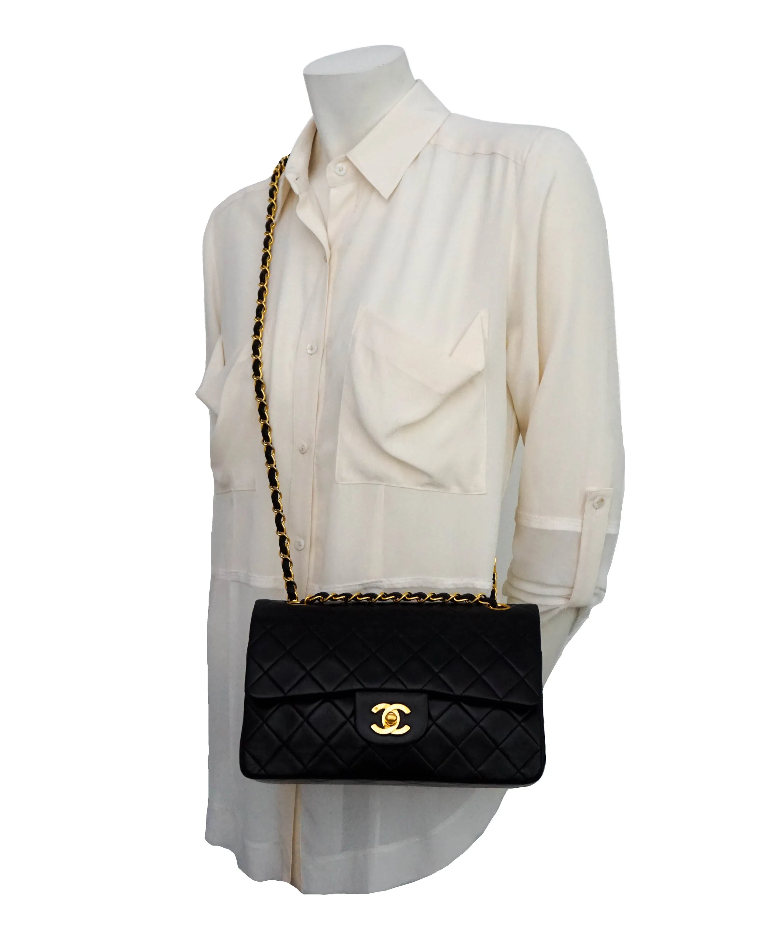 Chanel Vintage Black Lambskin Small Classic 2.55 9” Flap Bag