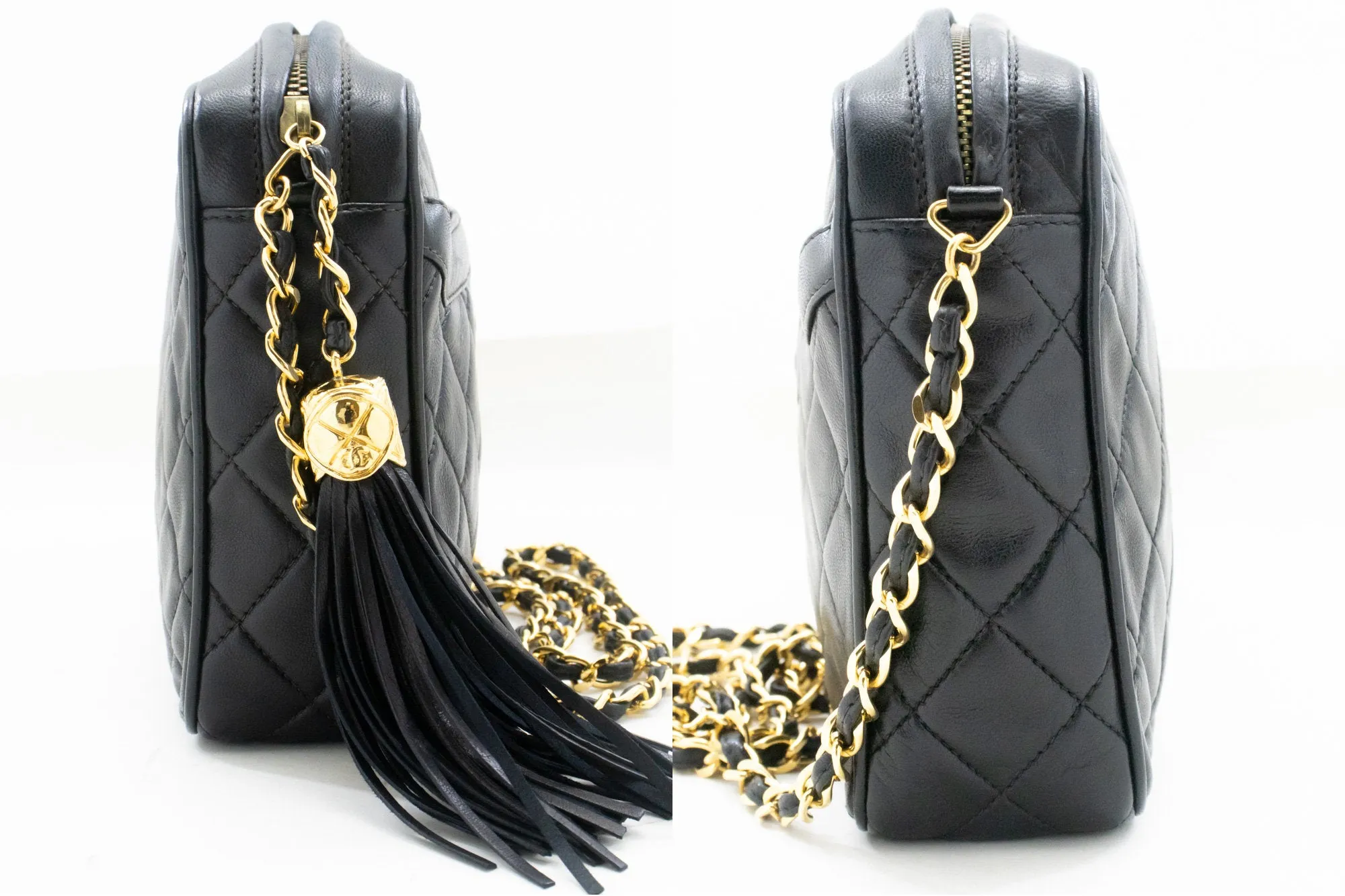 CHANEL Vintage Tassel Chain Shoulder Bag Black Quilted Zipper Lamb n19