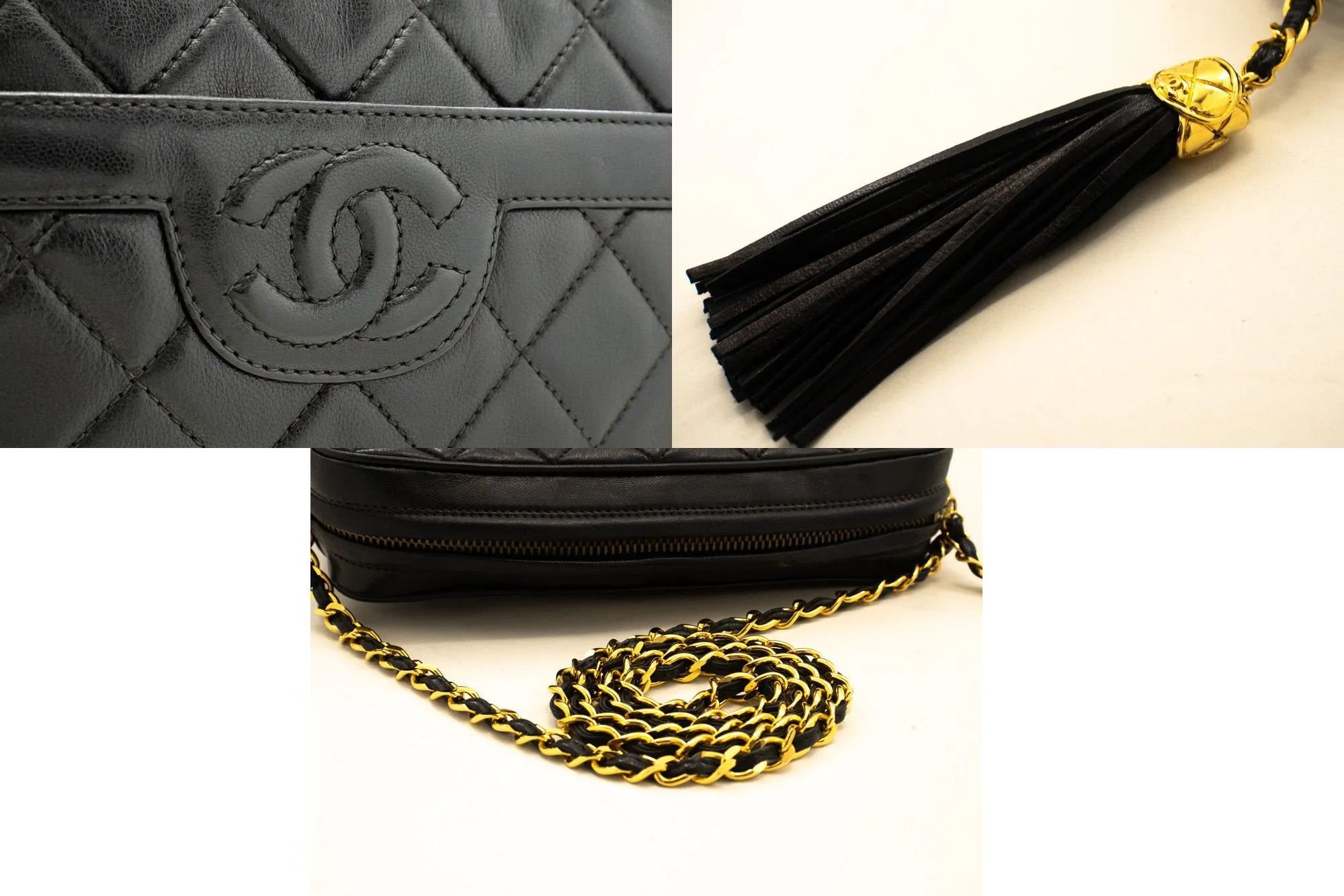 CHANEL Vintage Tassel Chain Shoulder Bag Black Quilted Zipper Lamb n19