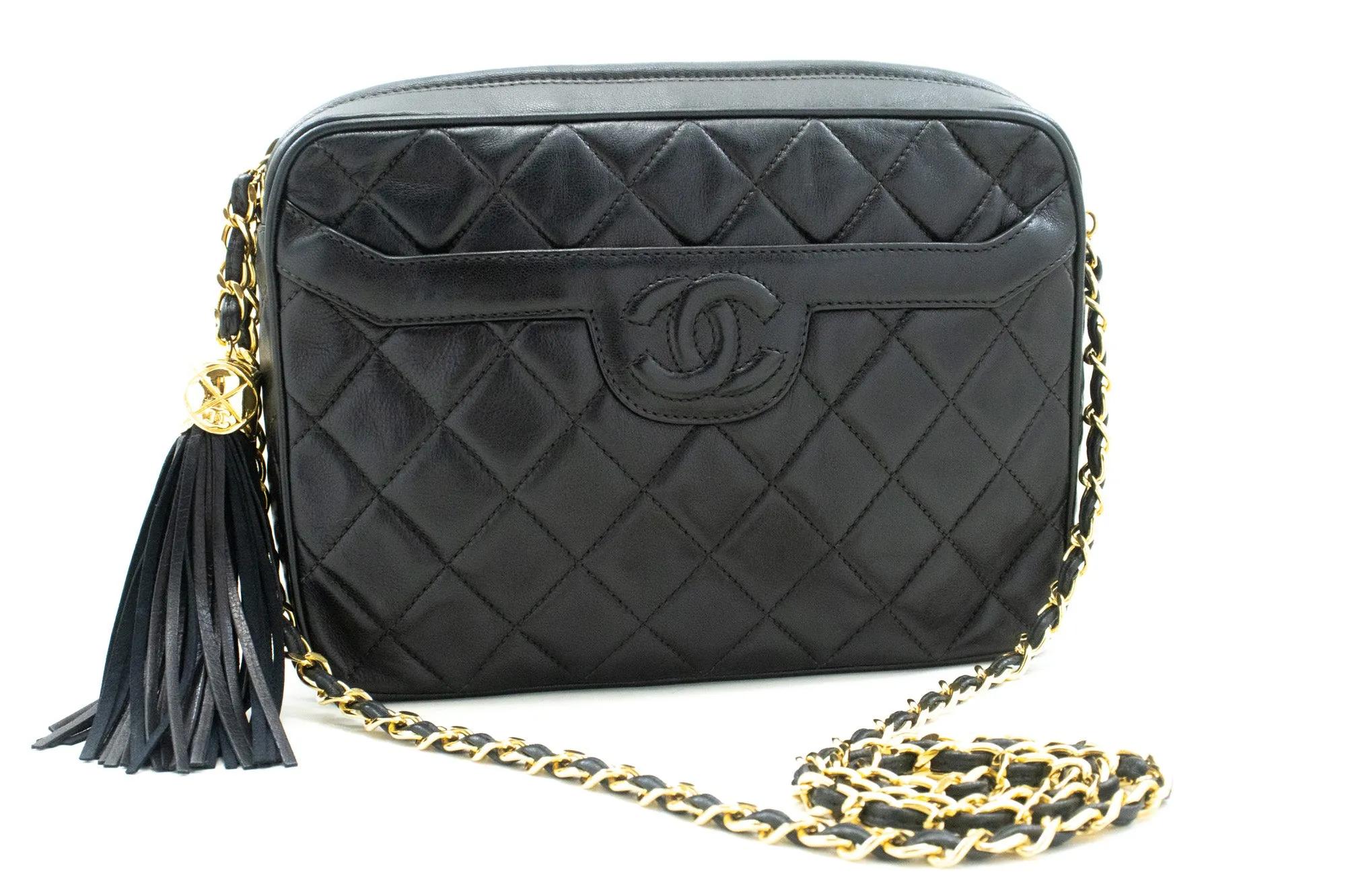 CHANEL Vintage Tassel Chain Shoulder Bag Black Quilted Zipper Lamb n19