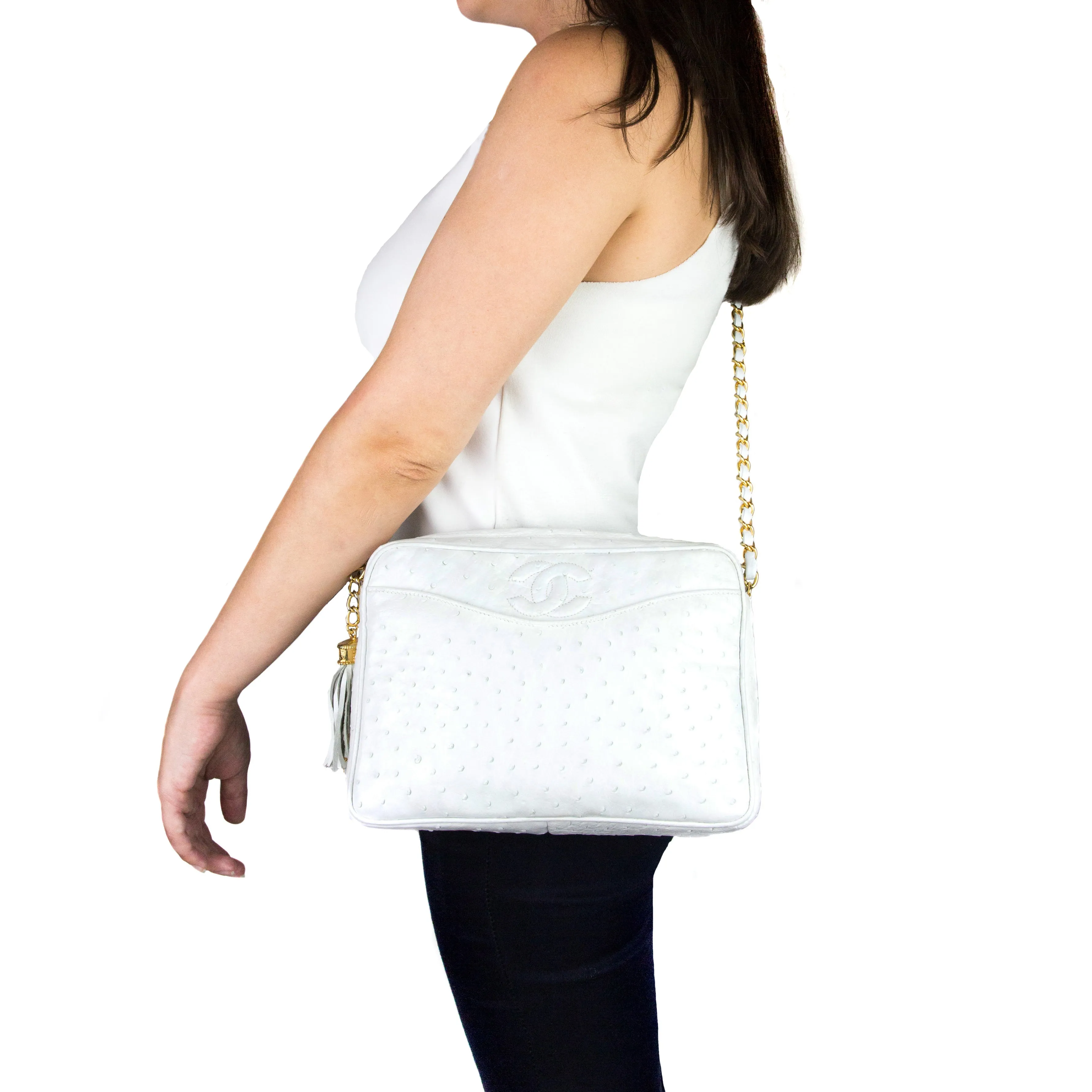 Chanel Vintage White Ostrich Camera Bag