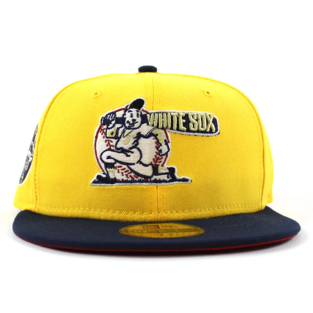 Chicago White Sox 75 YEARS COMISKEY PARK New Era Fitted 59Fifty Hat (Glow in the Dark CANARY YELLOW OCEANSIDE BLUE PINOT RED Under Brim)
