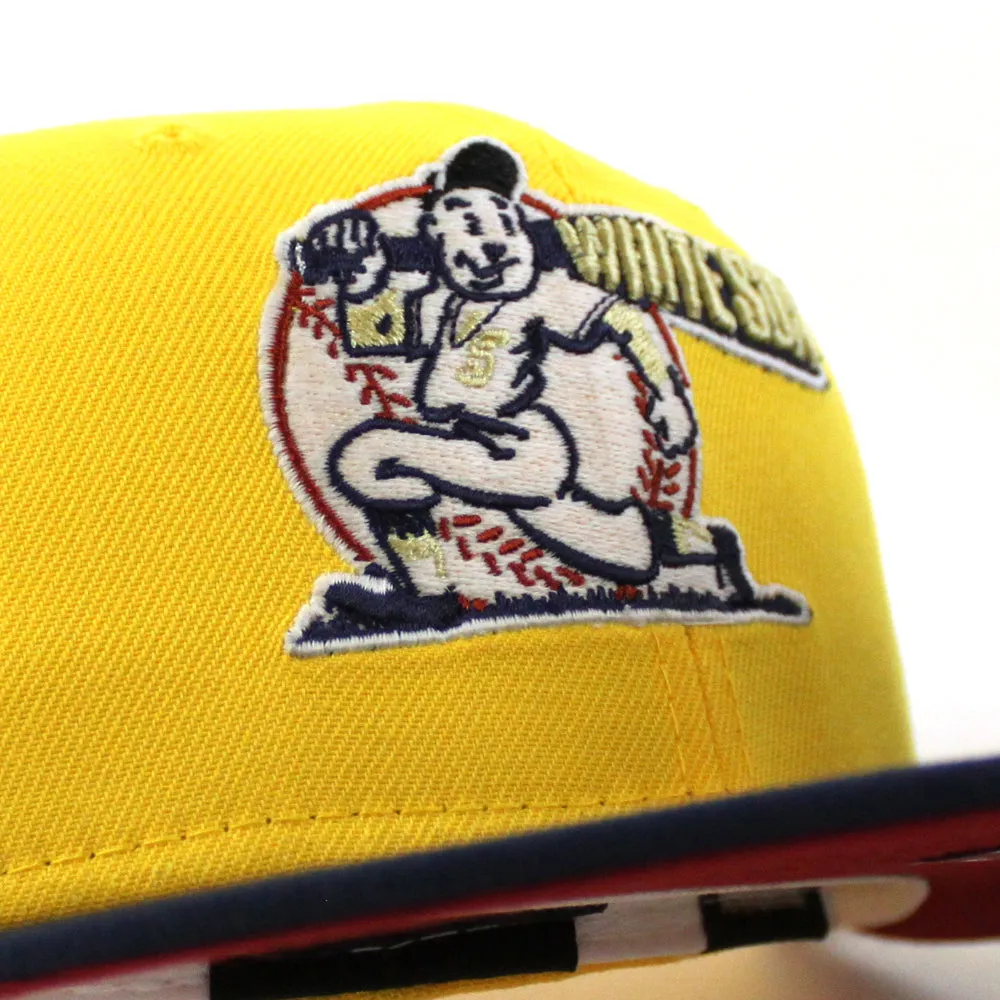 Chicago White Sox 75 YEARS COMISKEY PARK New Era Fitted 59Fifty Hat (Glow in the Dark CANARY YELLOW OCEANSIDE BLUE PINOT RED Under Brim)