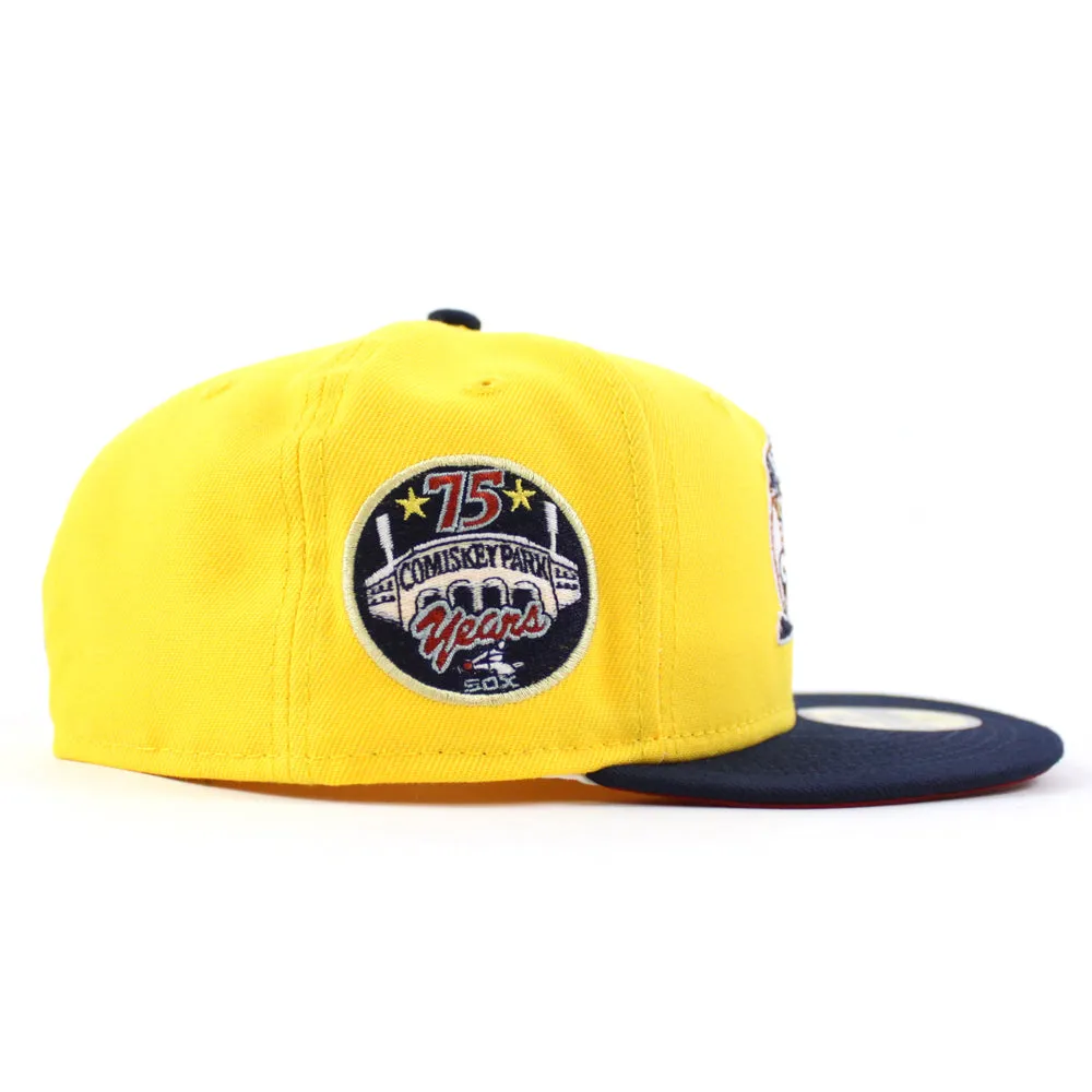 Chicago White Sox 75 YEARS COMISKEY PARK New Era Fitted 59Fifty Hat (Glow in the Dark CANARY YELLOW OCEANSIDE BLUE PINOT RED Under Brim)