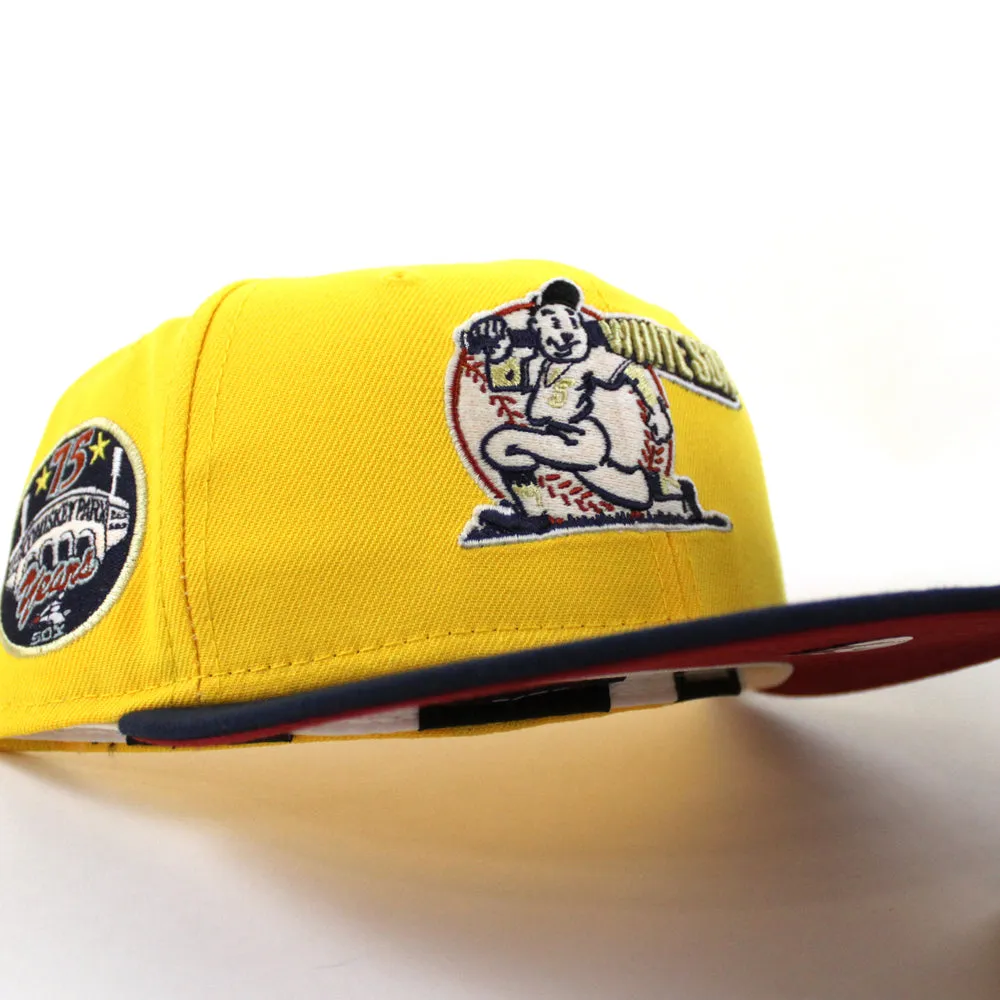 Chicago White Sox 75 YEARS COMISKEY PARK New Era Fitted 59Fifty Hat (Glow in the Dark CANARY YELLOW OCEANSIDE BLUE PINOT RED Under Brim)