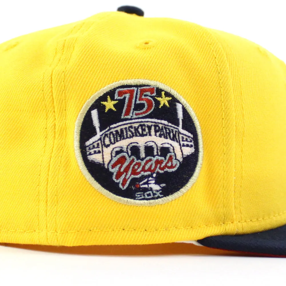 Chicago White Sox 75 YEARS COMISKEY PARK New Era Fitted 59Fifty Hat (Glow in the Dark CANARY YELLOW OCEANSIDE BLUE PINOT RED Under Brim)