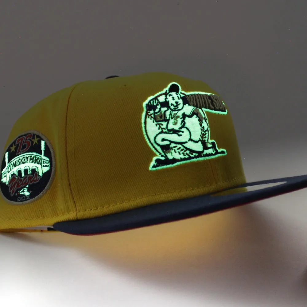 Chicago White Sox 75 YEARS COMISKEY PARK New Era Fitted 59Fifty Hat (Glow in the Dark CANARY YELLOW OCEANSIDE BLUE PINOT RED Under Brim)