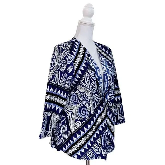Chicos Travelers Collection Open Blazer Cardigan Sz 2 Geometric Print Blue White