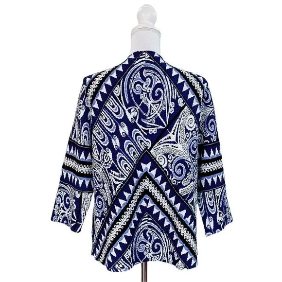 Chicos Travelers Collection Open Blazer Cardigan Sz 2 Geometric Print Blue White