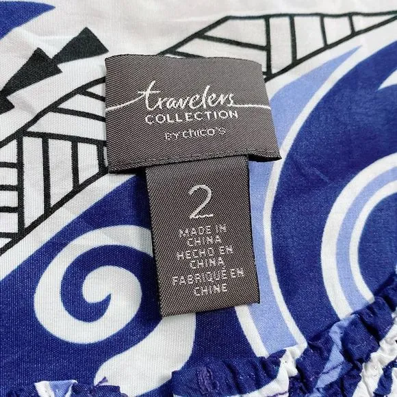 Chicos Travelers Collection Open Blazer Cardigan Sz 2 Geometric Print Blue White