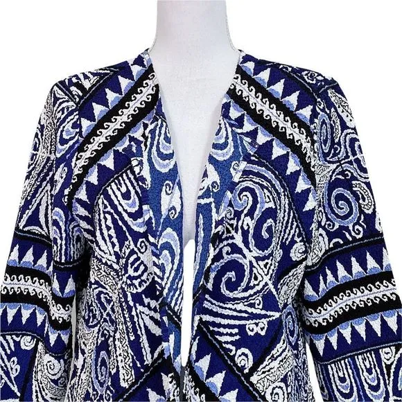 Chicos Travelers Collection Open Blazer Cardigan Sz 2 Geometric Print Blue White