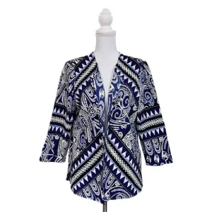 Chicos Travelers Collection Open Blazer Cardigan Sz 2 Geometric Print Blue White