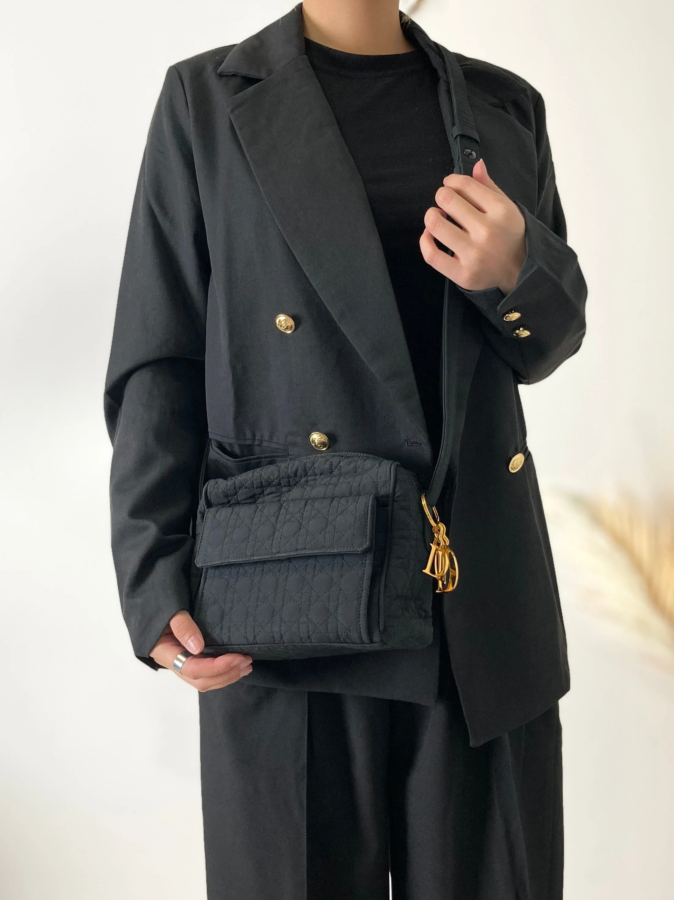 Christian Dior Cannage Logo Motif Charm Nylon Shoulder bag Black Vintage e7e3wt