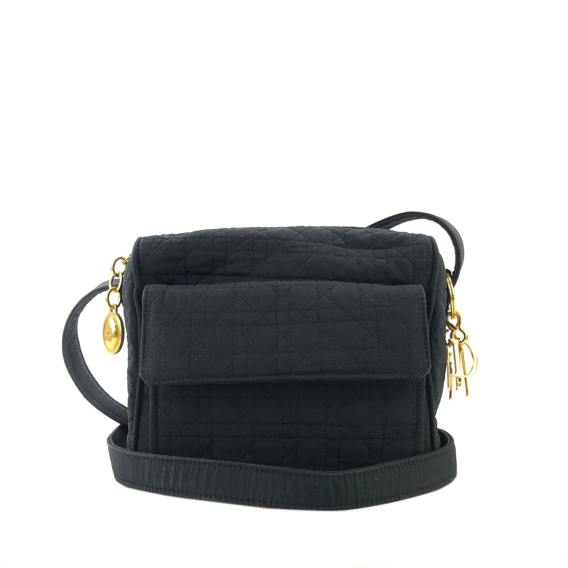 Christian Dior Cannage Logo Motif Charm Nylon Shoulder bag Black Vintage e7e3wt