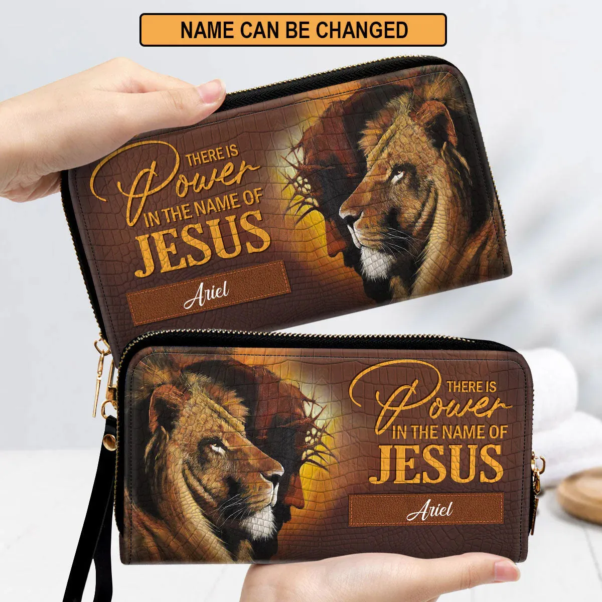 Christianartbag Clutch Purse, There Is Power In The Name Of Jesus - Half Jesus Half Lion Clutch Purse For Women, Personalized Name, Christian Gifts For Women, CAB07091223.