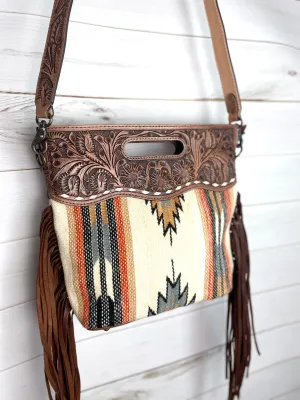 Churro Tan, Grey Orange Wool Leather Handle Fringe Bag