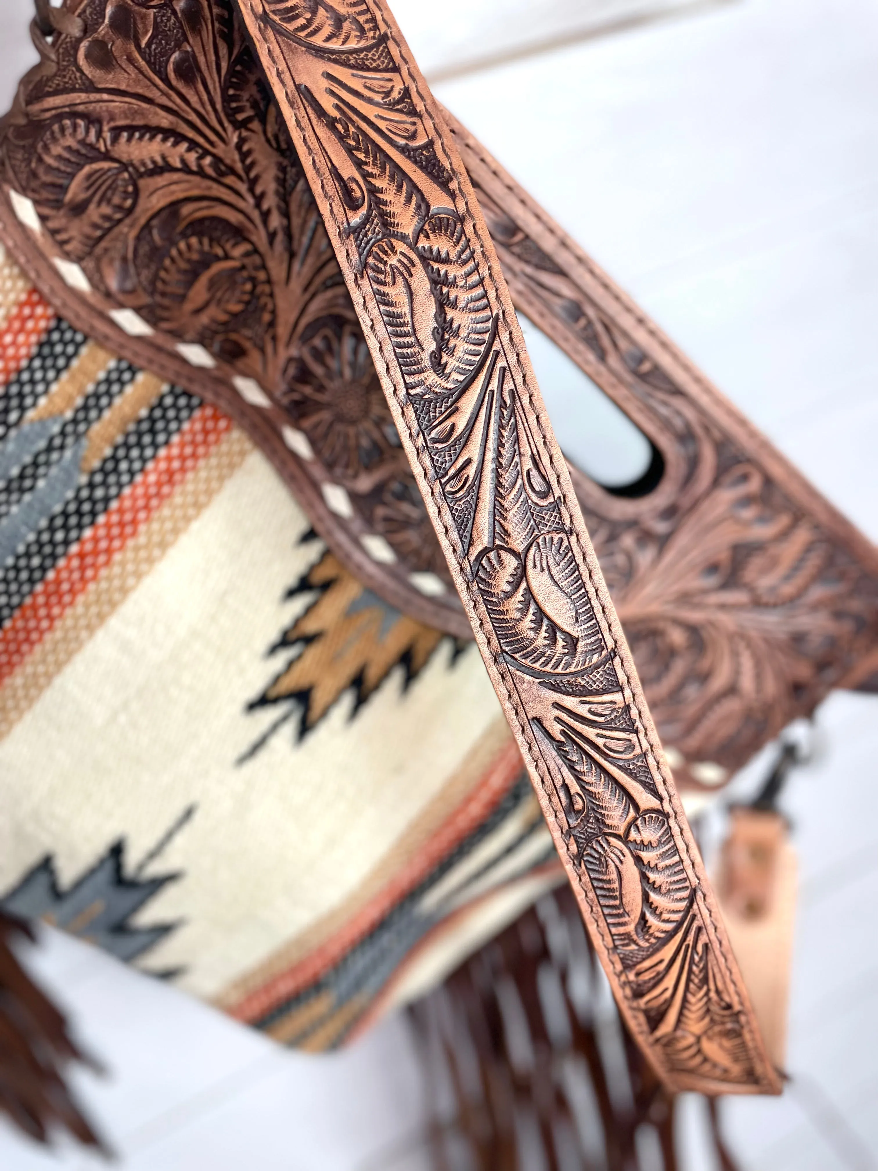 Churro Tan, Grey Orange Wool Leather Handle Fringe Bag