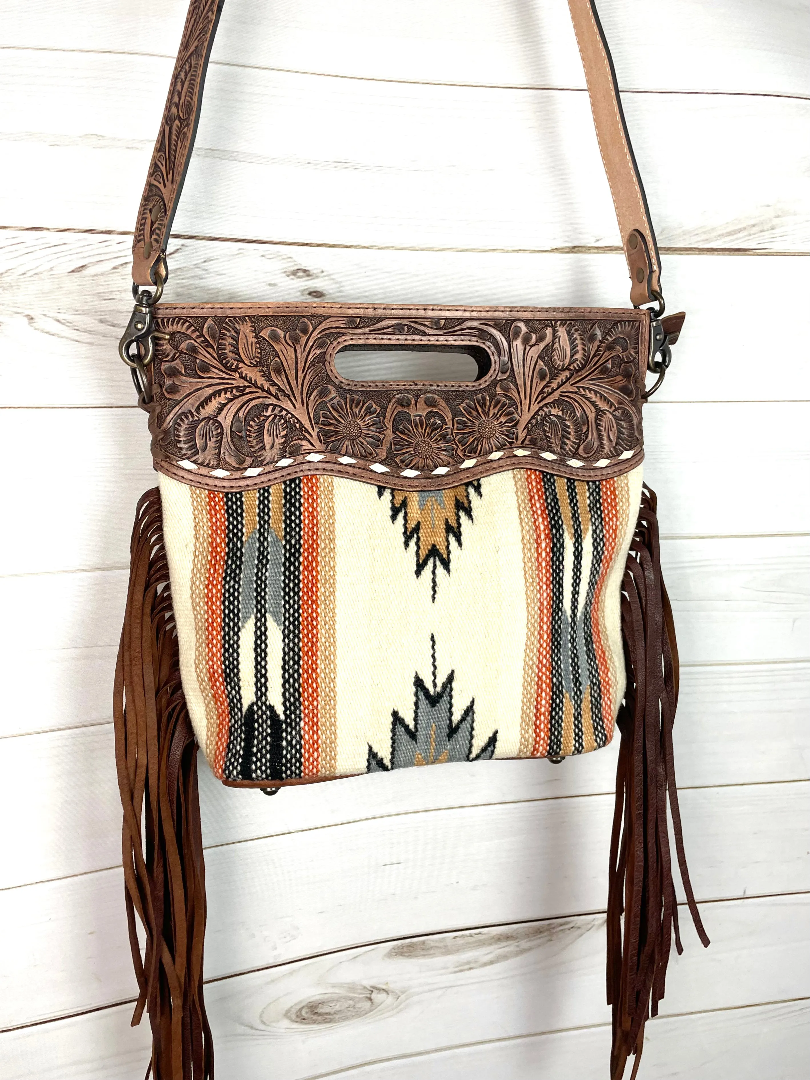 Churro Tan, Grey Orange Wool Leather Handle Fringe Bag