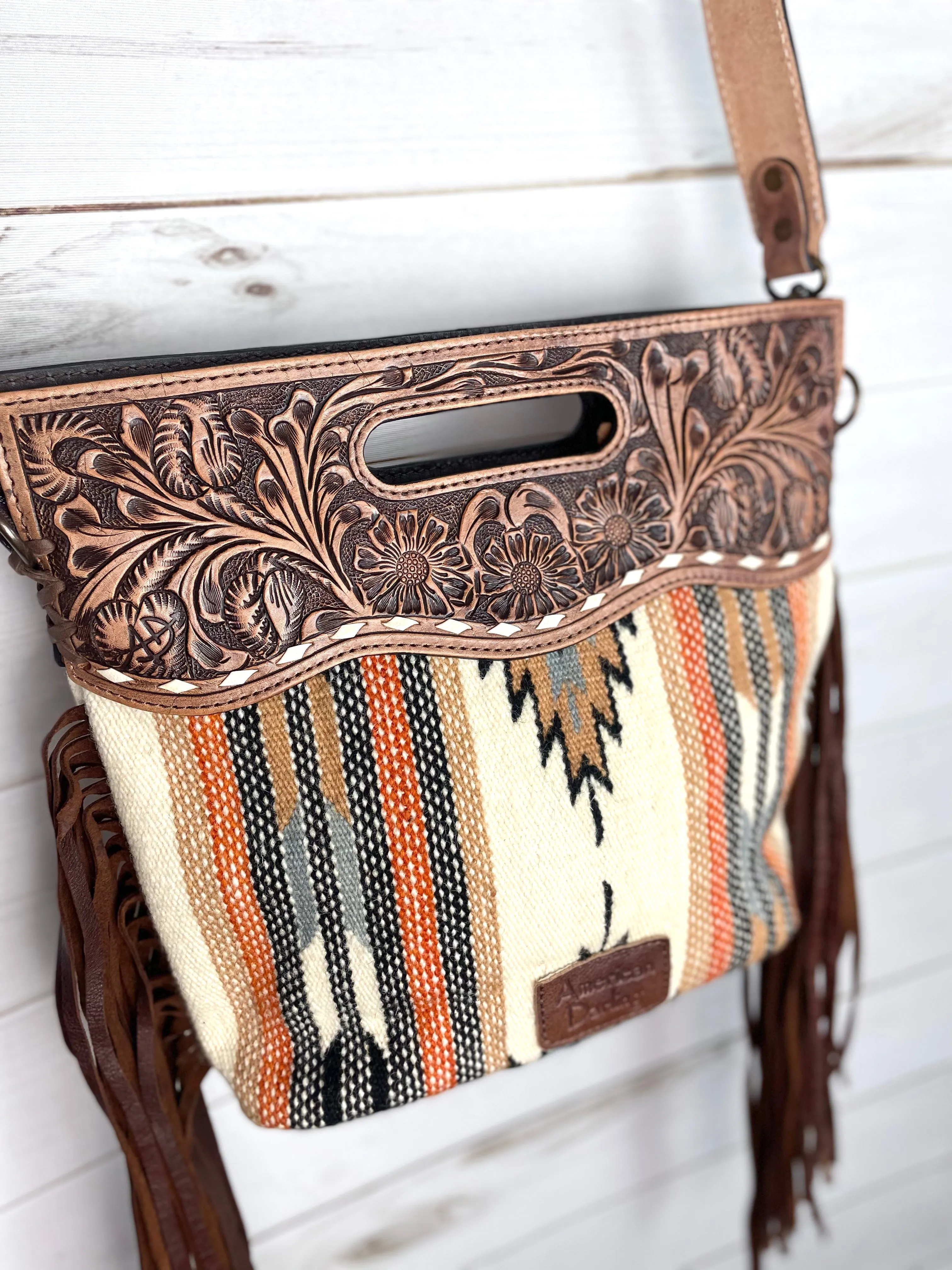 Churro Tan, Grey Orange Wool Leather Handle Fringe Bag