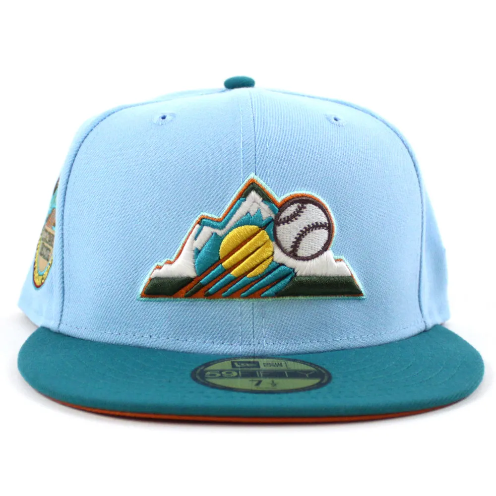 Colorado Rockies 10 Years Patch  New Era 59Fifty Fitted Hat (GITD  DOSCIENTOS BLUE AQUA Fight Orange Under Brim)