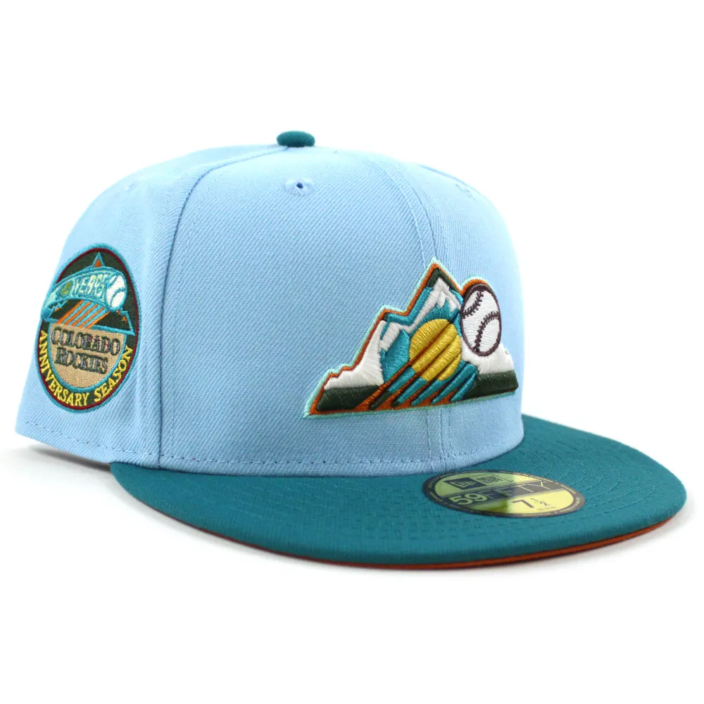 Colorado Rockies 10 Years Patch  New Era 59Fifty Fitted Hat (GITD  DOSCIENTOS BLUE AQUA Fight Orange Under Brim)