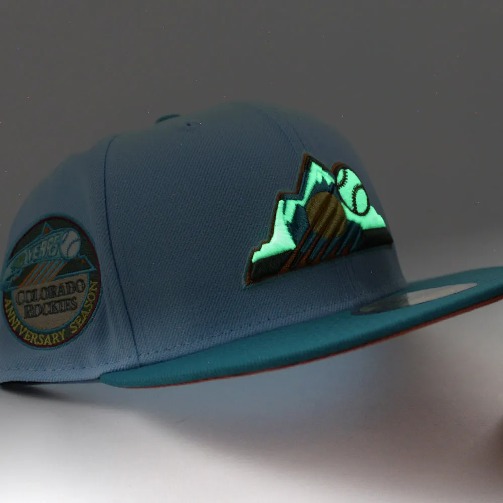 Colorado Rockies 10 Years Patch  New Era 59Fifty Fitted Hat (GITD  DOSCIENTOS BLUE AQUA Fight Orange Under Brim)