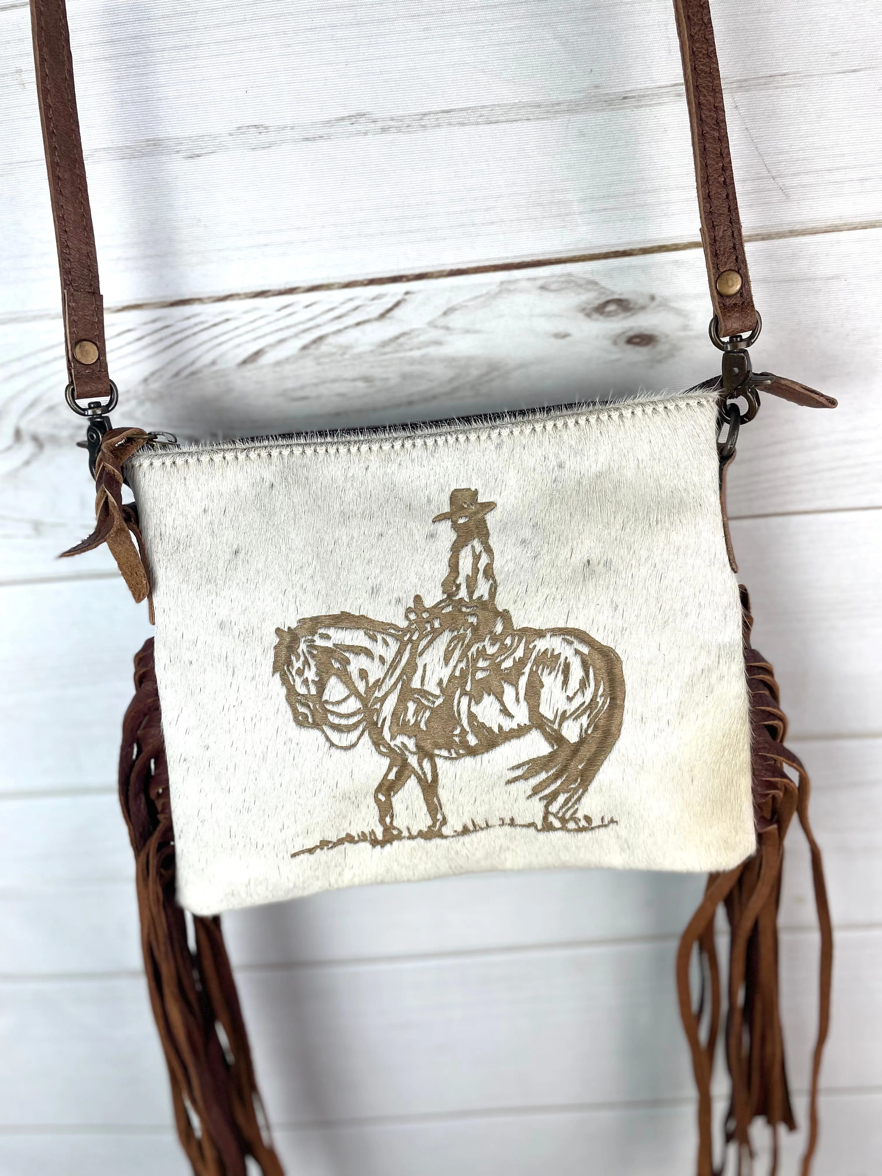 Cowgirl Branded Hide Medium Size Leather Fringe Handbag