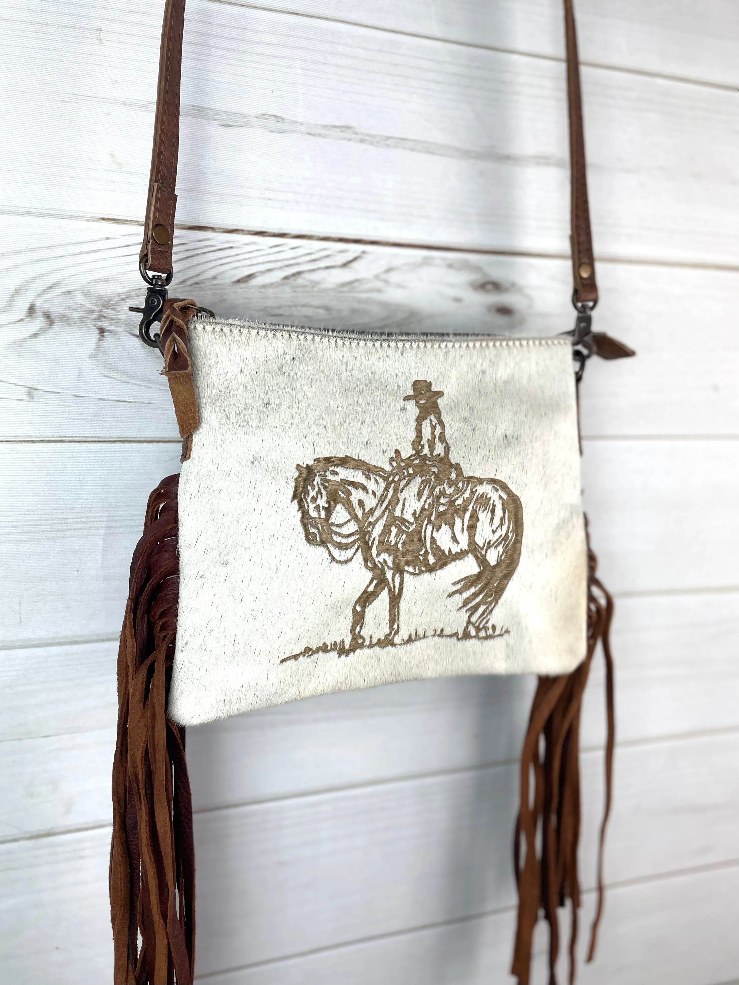 Cowgirl Branded Hide Medium Size Leather Fringe Handbag