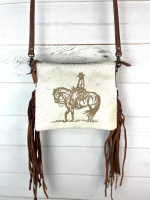 Cowgirl Branded Hide Medium Size Leather Fringe Handbag