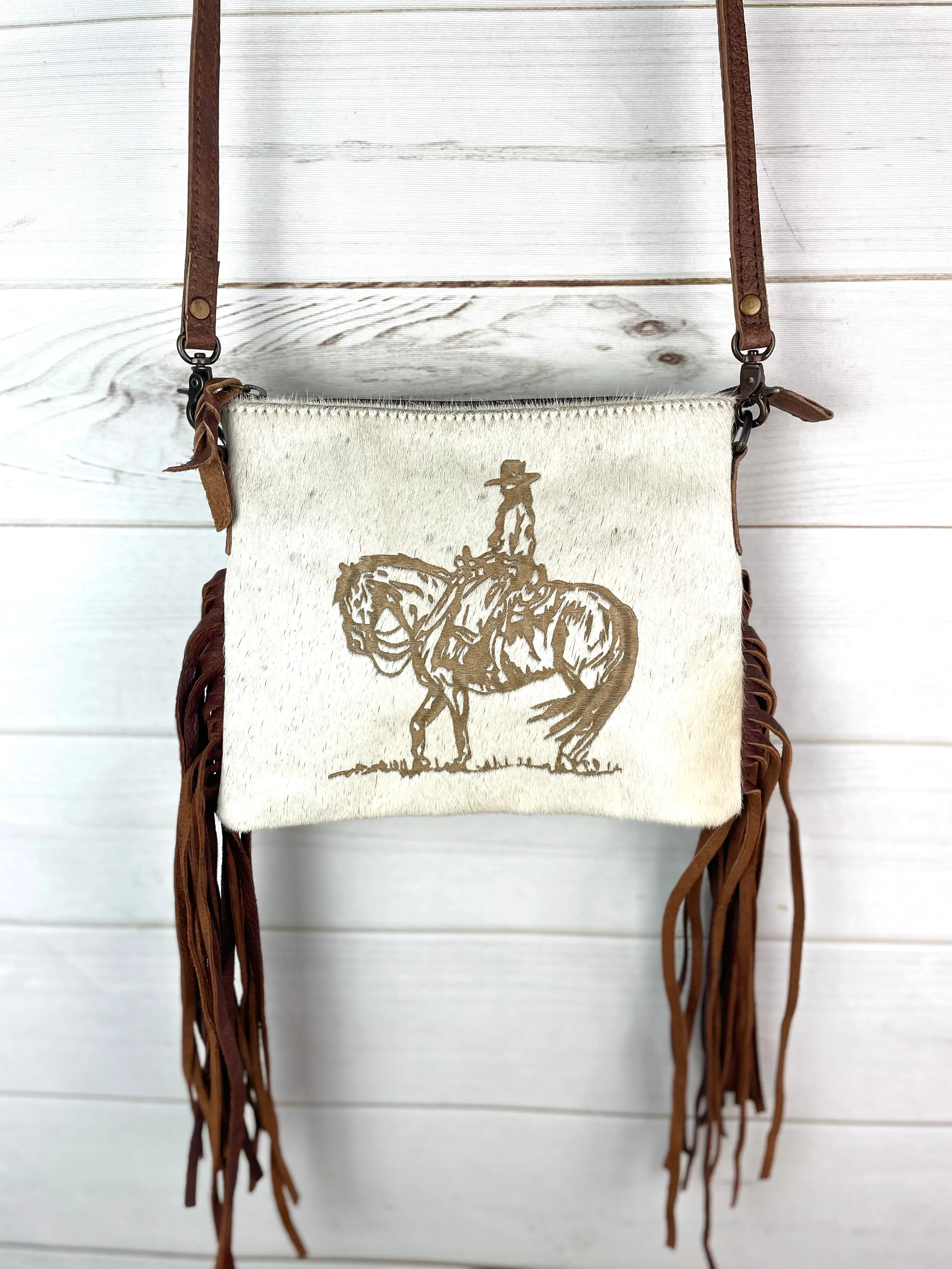 Cowgirl Branded Hide Medium Size Leather Fringe Handbag