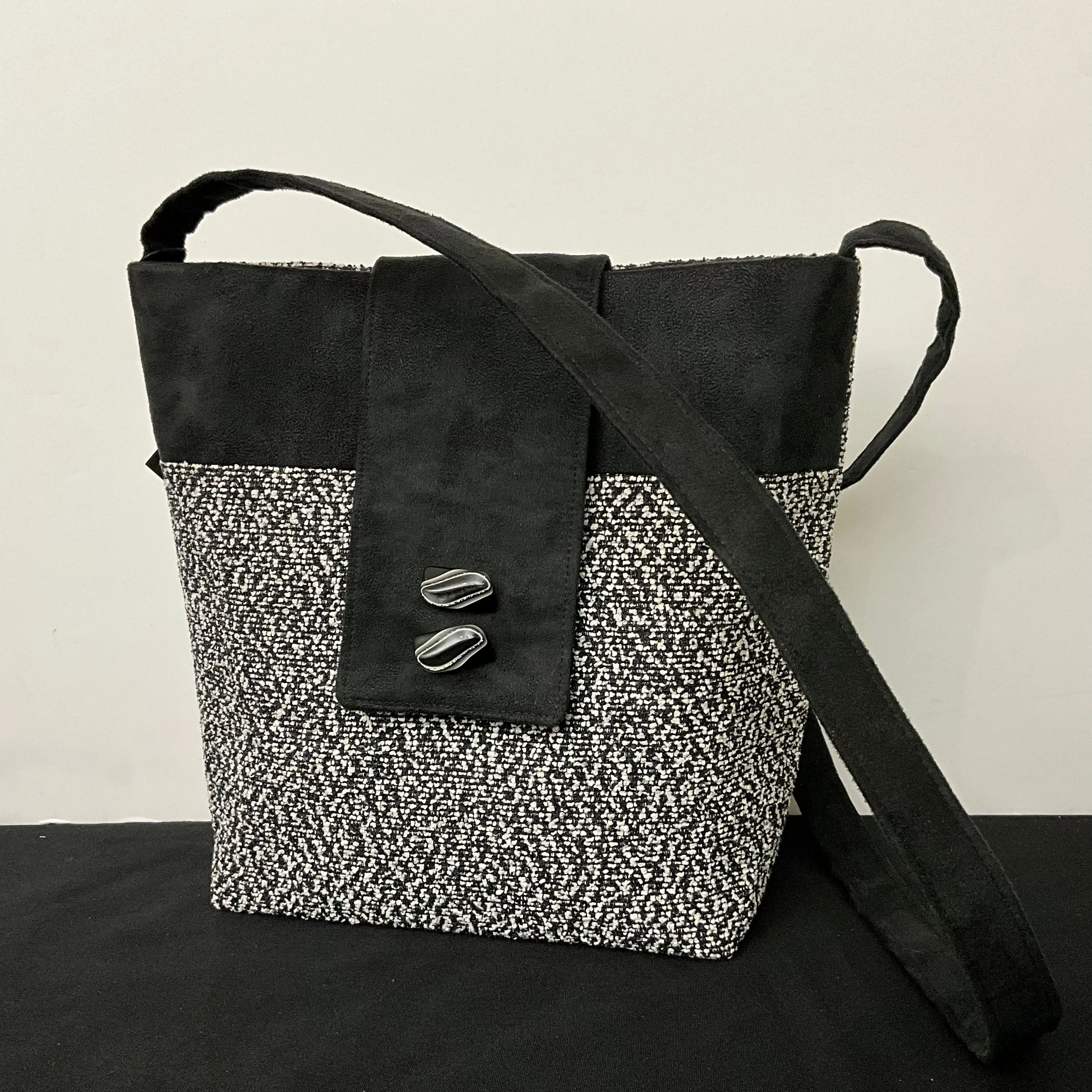 Crossbody Bag Black & White w Vintage Coat Buttons