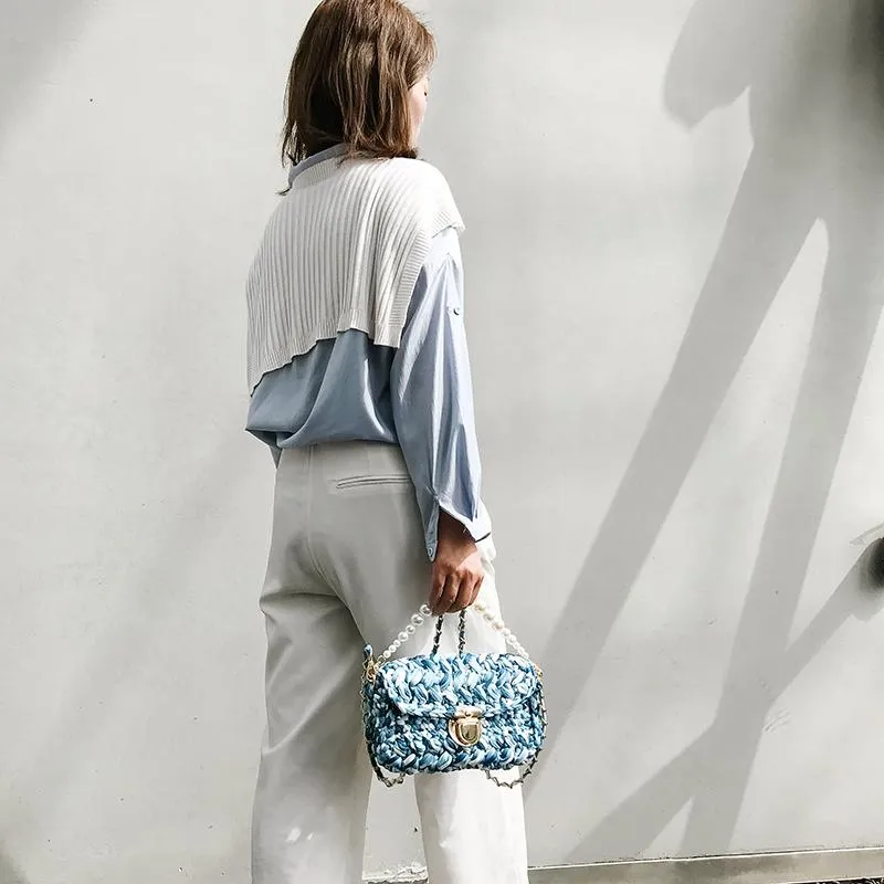 Cute Blue Crochet Small Handbag Crossbody Purse Crochet Shoulder Bag for Girl Cute Crochet Purses