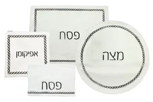 (D) Judaica White Seder Set Braided Design with Towel Pesach Set 4 Pc (Black)