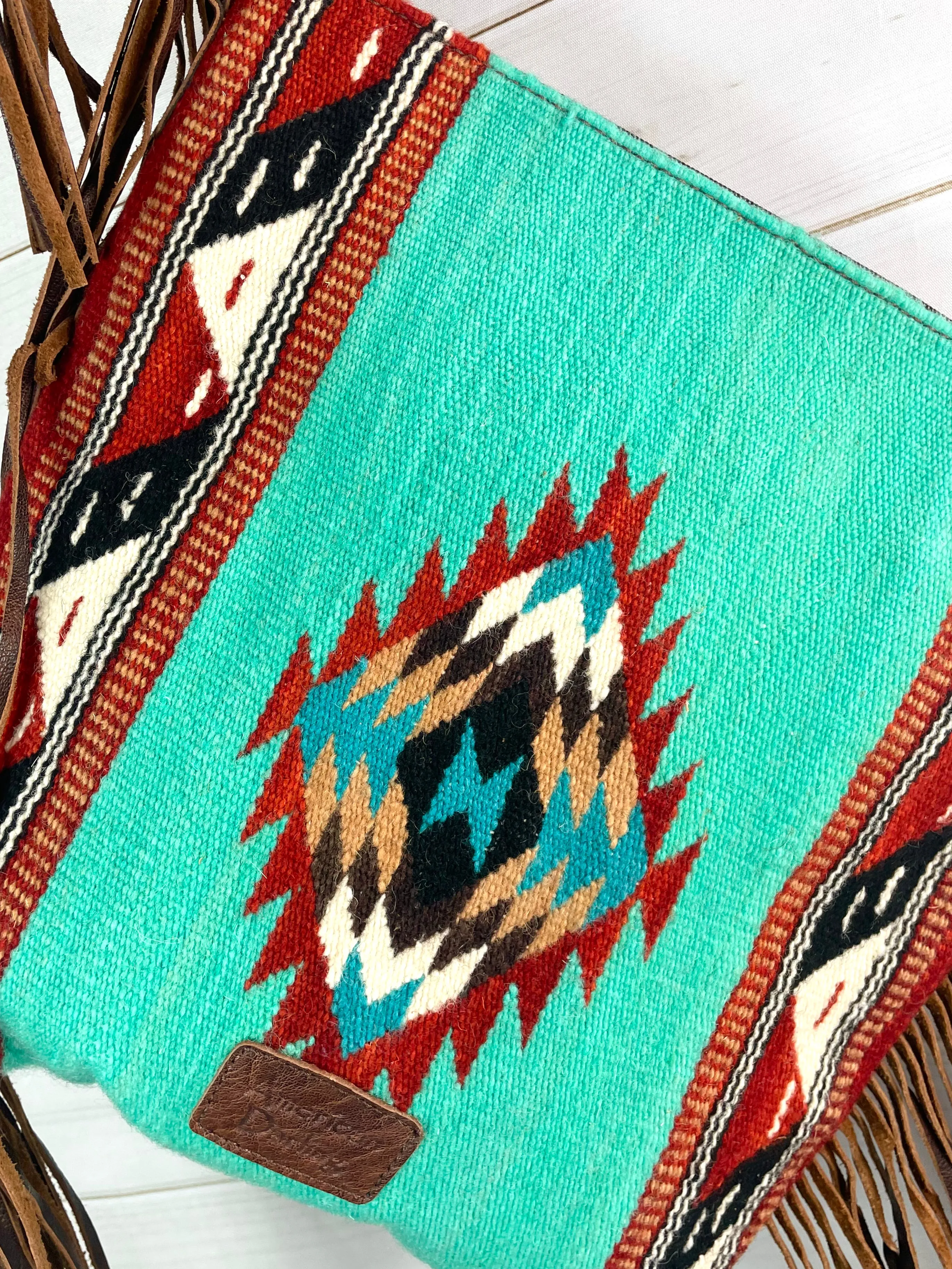 Diamond Maze Turquoise & Cinnamon Wool Woven Crossbody Handbag