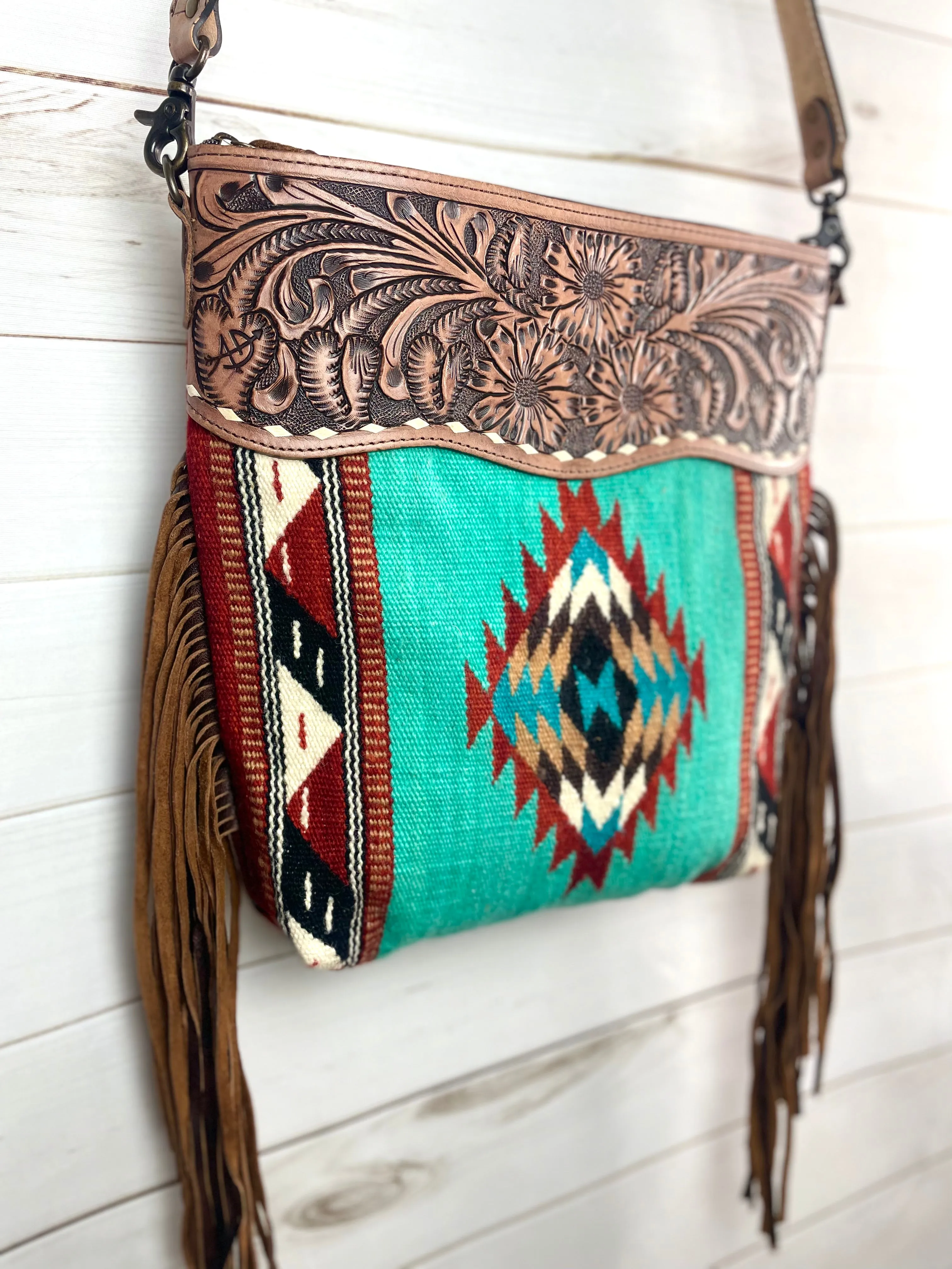 Diamond Maze Turquoise & Cinnamon Wool Woven Crossbody Handbag
