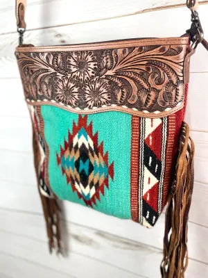 Diamond Maze Turquoise & Cinnamon Wool Woven Crossbody Handbag
