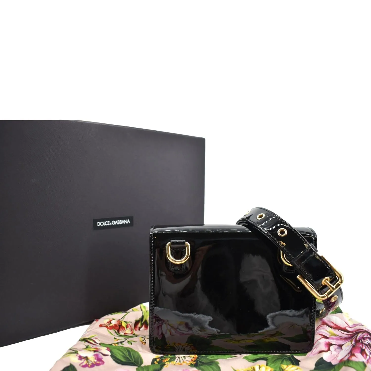 DOLCE & GABBANA Logo Patent Leather Crossbody Bag Black