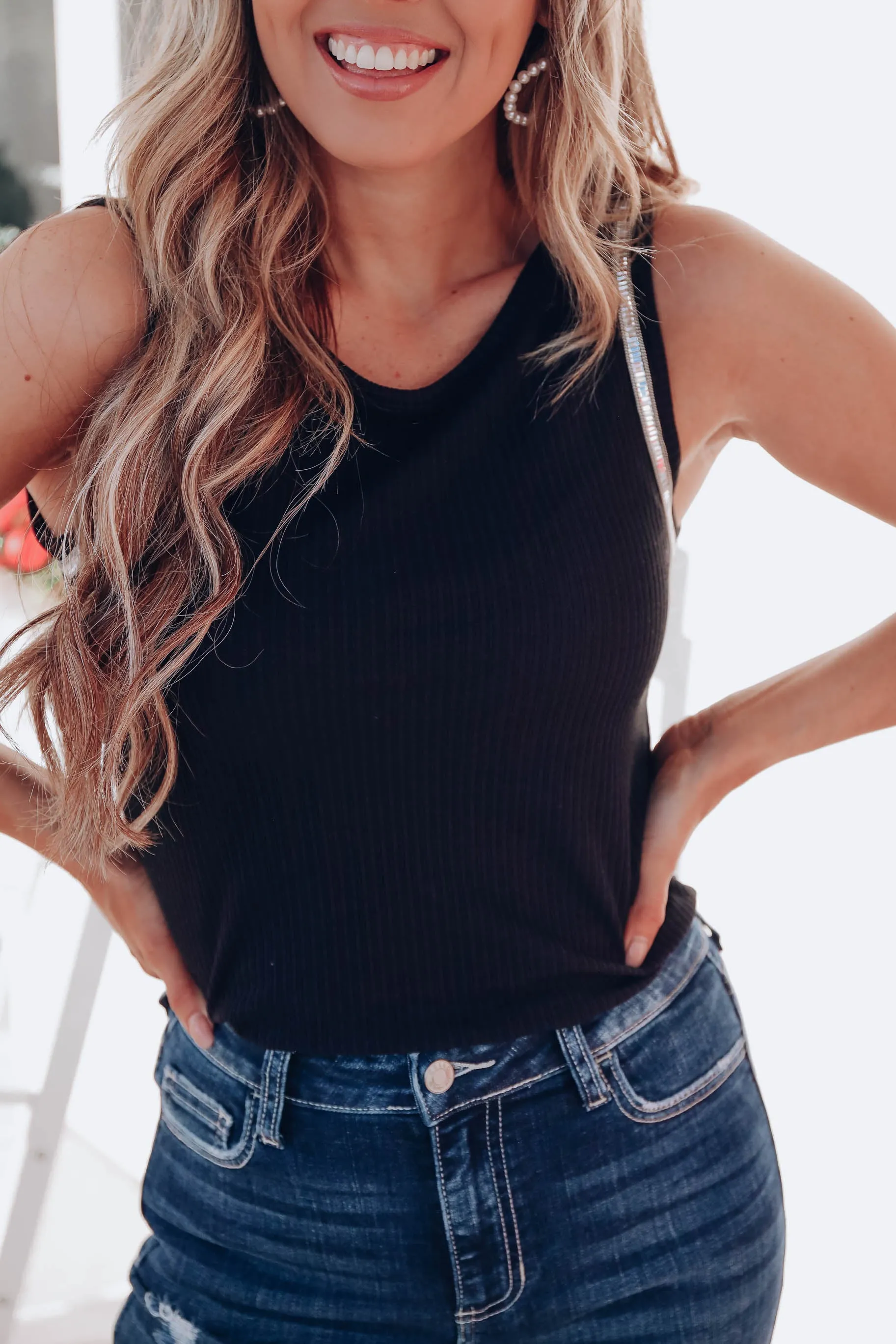 Elaine Embellished Ribbed Tank - Black