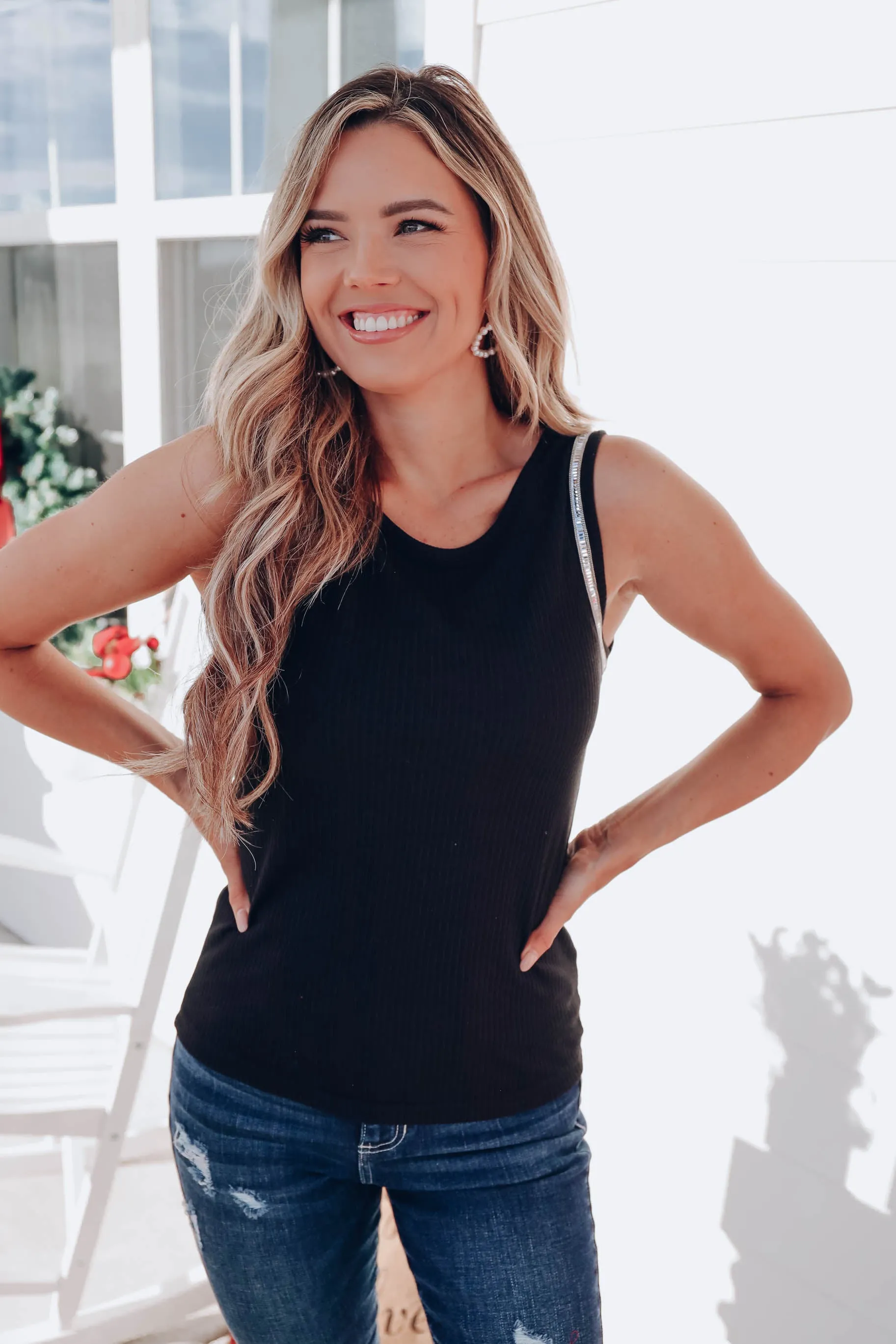 Elaine Embellished Ribbed Tank - Black