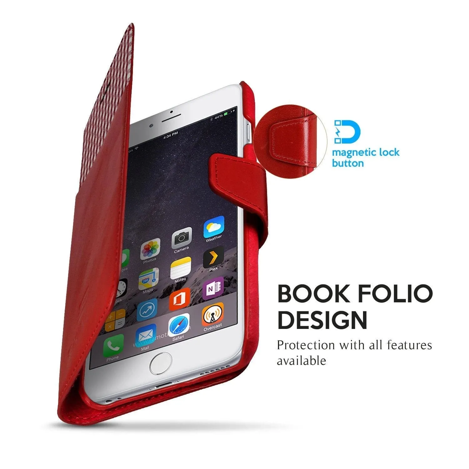 Exinoz iPhone 6S Plus Case, 100% Genuine Leather Wallet Case [RED] - For Apple iPhone 6 Plus and iPhone 6S Plus 5.5" Devices